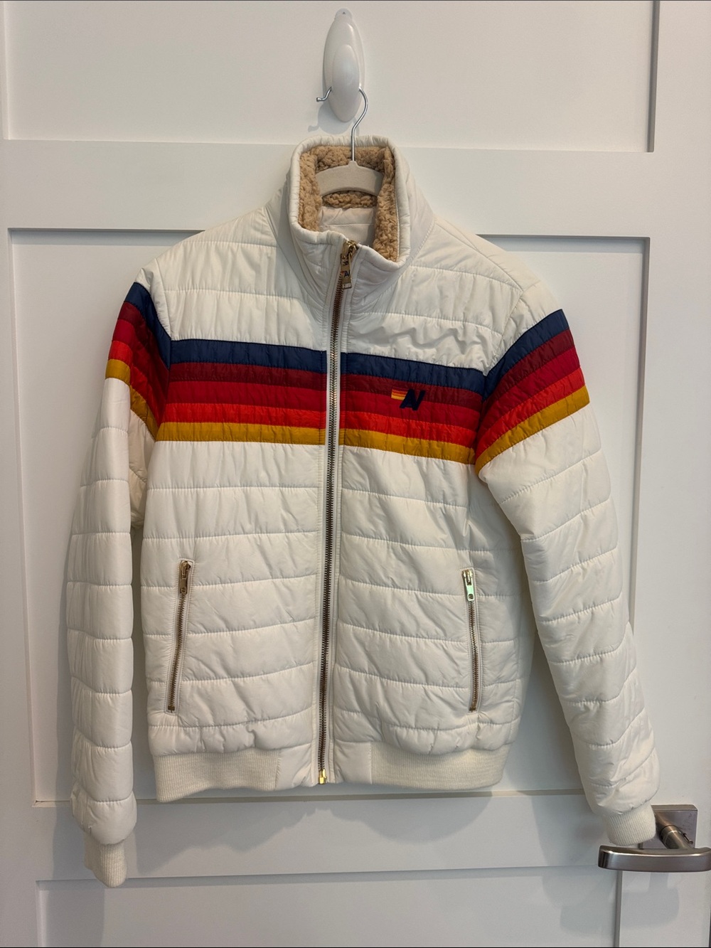 Aviator Nation 5 Stripe Puffer Jacket in White with a Sherpa collar.